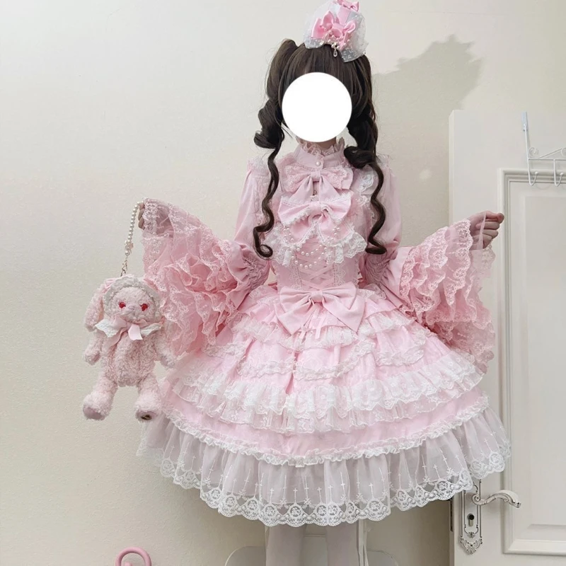 Lolita Kawaii Y2k Long Sleeve Strap Dress Japanese Knee-Length Women Elegant Lace Bow Patchwork Ball Gown Sweet All Season