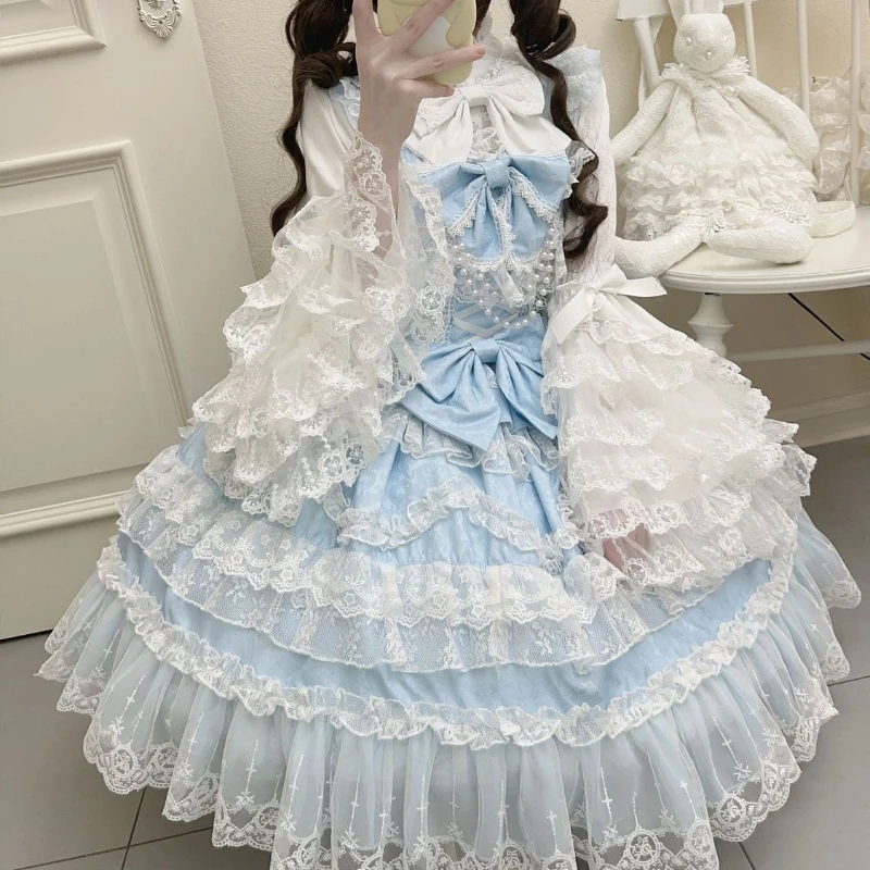 Lolita Kawaii Y2k Long Sleeve Strap Dress Japanese Knee-Length Women Elegant Lace Bow Patchwork Ball Gown Sweet All Season