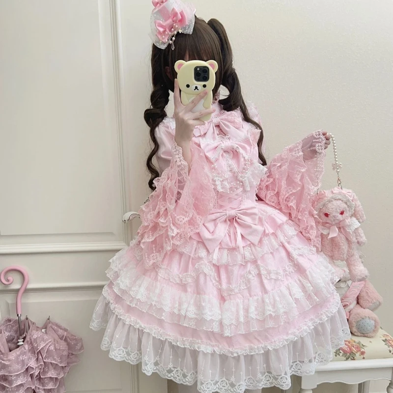 Lolita Kawaii Y2k Long Sleeve Strap Dress Japanese Knee-Length Women Elegant Lace Bow Patchwork Ball Gown Sweet All Season
