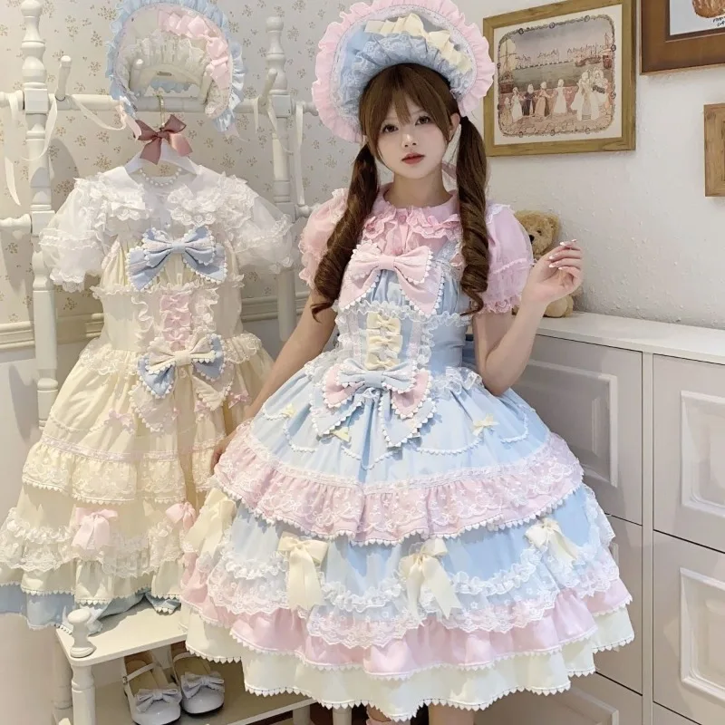 Y2K Sweet Lolita Jks Strap Dress Women Solid Ruffle Lace Bow Patchwork Kawaii Princess Ball Gown Knee-Length Elegant Party