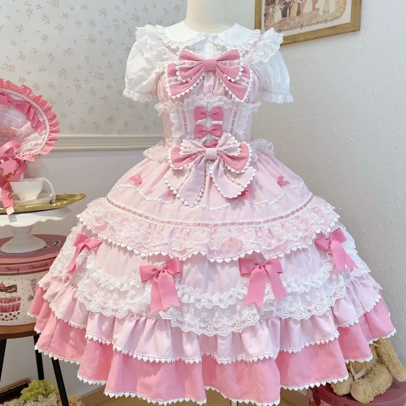 Y2K Sweet Lolita Jks Strap Dress Women Solid Ruffle Lace Bow Patchwork Kawaii Princess Ball Gown Knee-Length Elegant Party