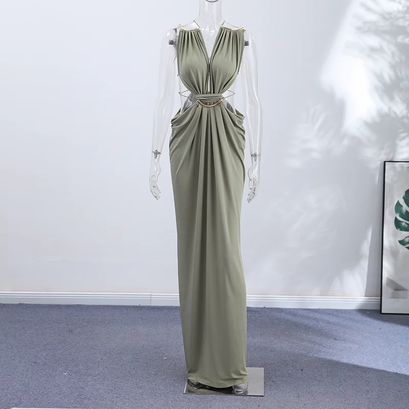 Sexy Women's Backless Dress Halter Sleeveless Waist Hollow Out Solid Female Dresses 2026 Summer Vacation Beach Fashion Lady Robe