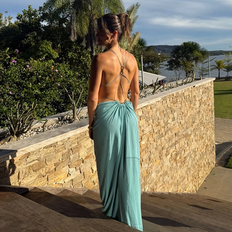 Sexy Women's Backless Dress Halter Sleeveless Waist Hollow Out Solid Female Dresses 2026 Summer Vacation Beach Fashion Lady Robe