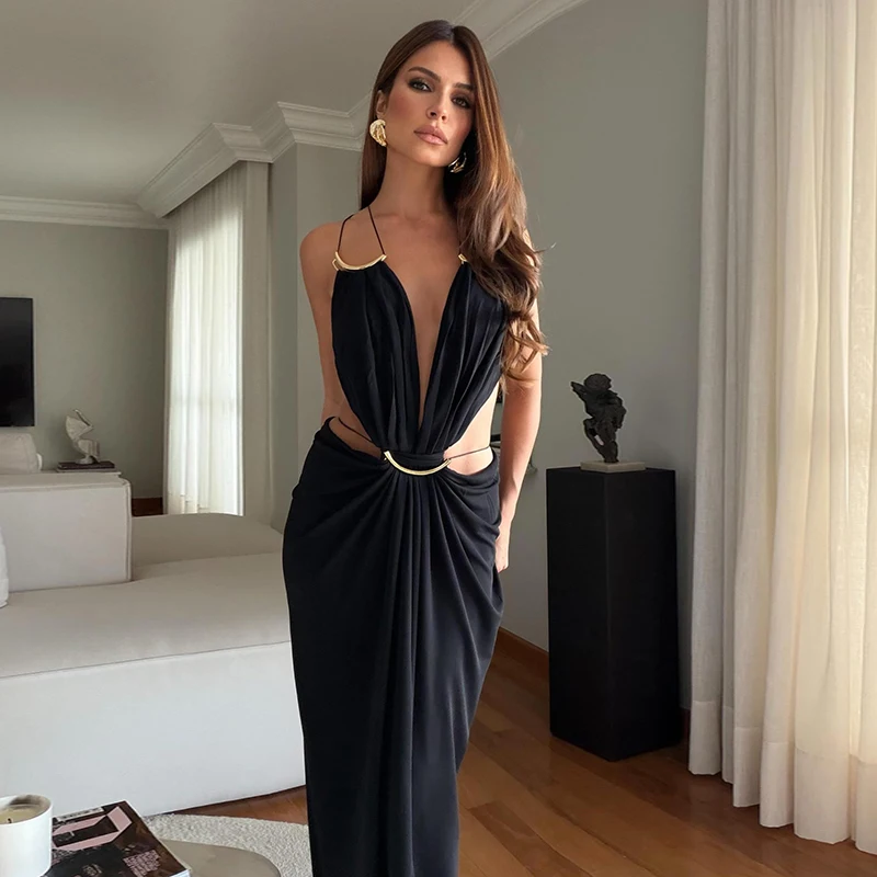 Sexy Women's Backless Dress Halter Sleeveless Waist Hollow Out Solid Female Dresses 2026 Summer Vacation Beach Fashion Lady Robe