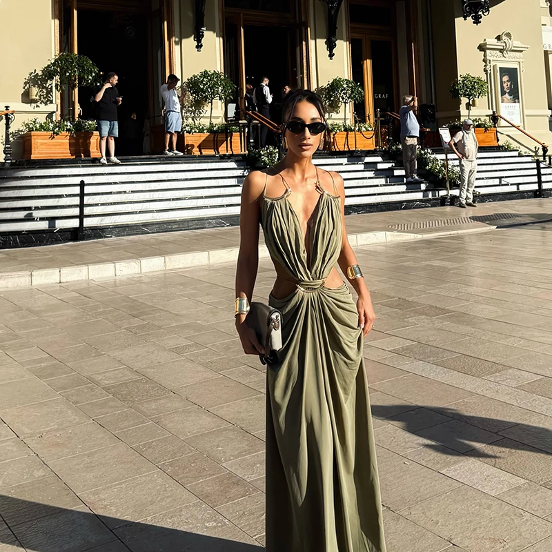 Sexy Women's Backless Dress Halter Sleeveless Waist Hollow Out Solid Female Dresses 2026 Summer Vacation Beach Fashion Lady Robe