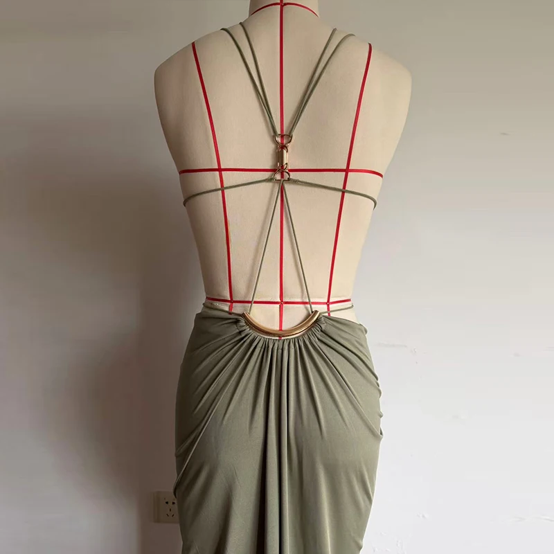 Sexy Women's Backless Dress Halter Sleeveless Waist Hollow Out Solid Female Dresses 2026 Summer Vacation Beach Fashion Lady Robe