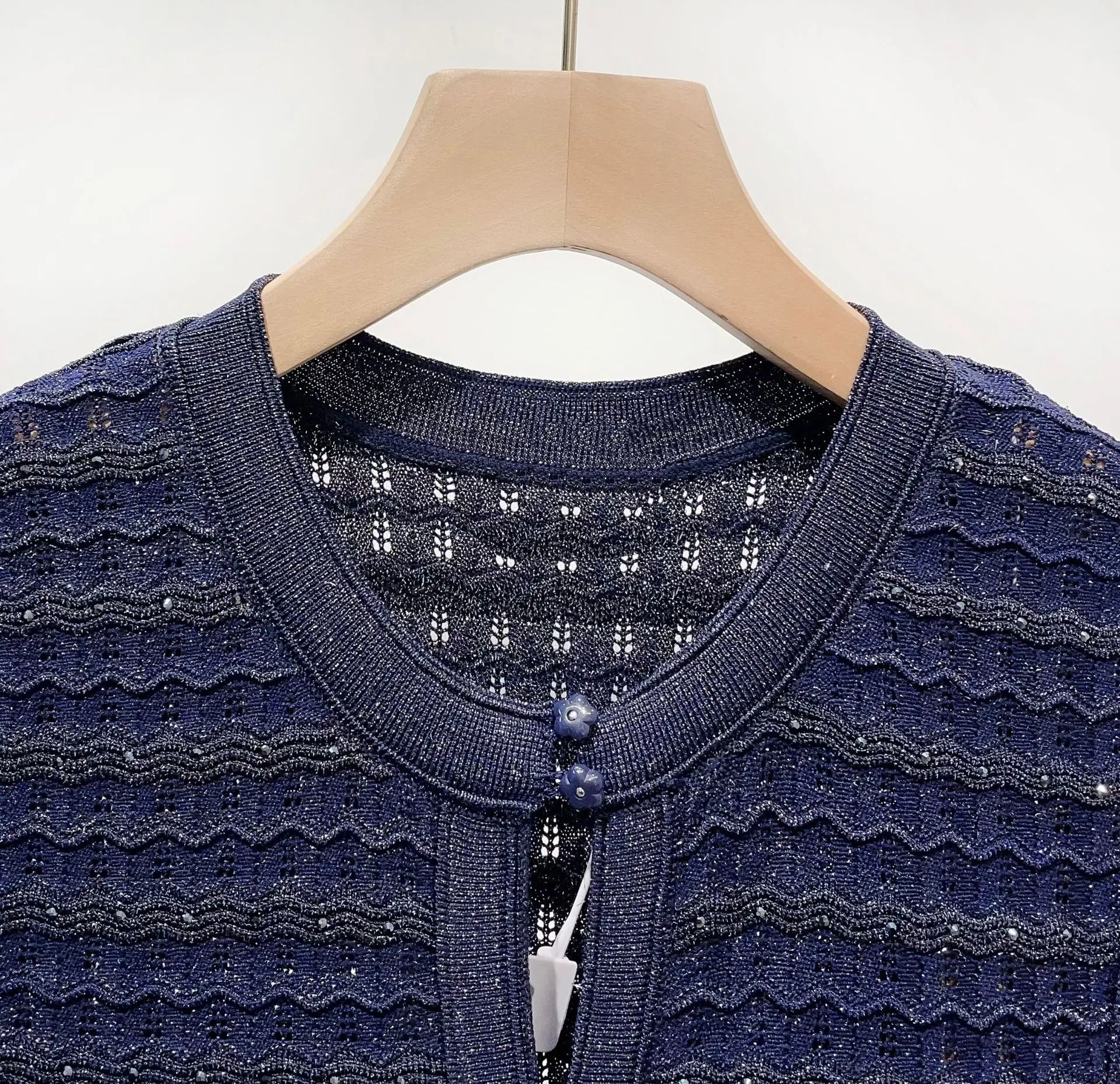 Women Diamond Embellished Sparkling Knitted Dress Hollow Out Elegant Female O-Neck Navy Blue Single Breasted Knit Midi Robe