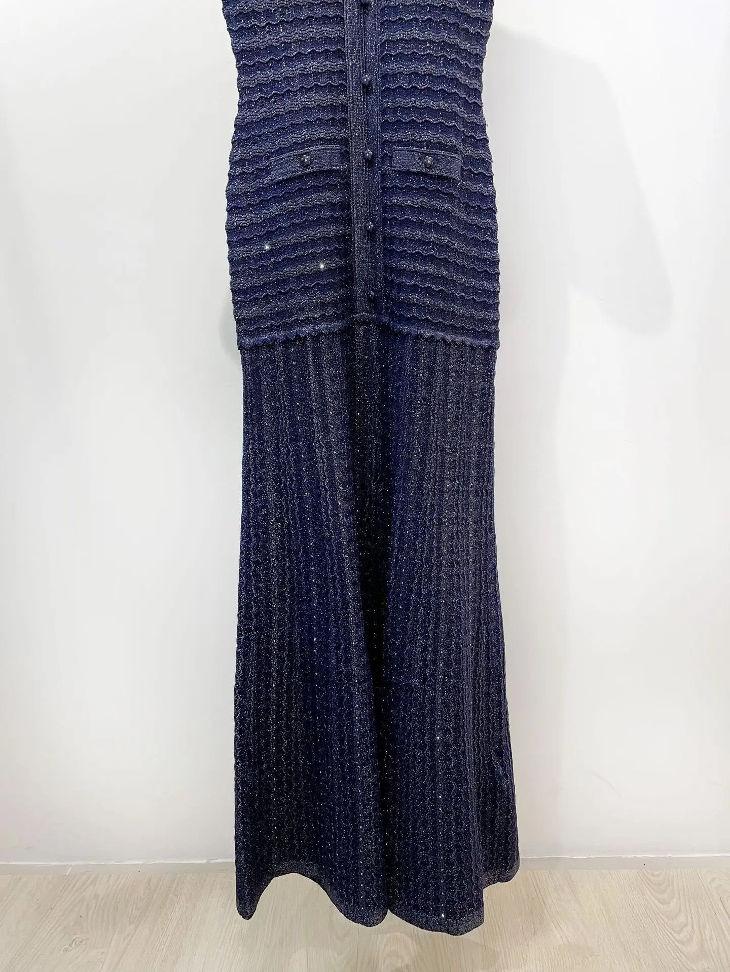 Women Diamond Embellished Sparkling Knitted Dress Hollow Out Elegant Female O-Neck Navy Blue Single Breasted Knit Midi Robe