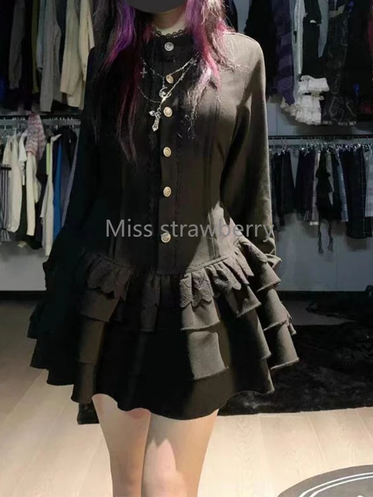 Spring Vintage Gothic Style Lace Up Dress Women Design High Street Black Lolita Slim Dresses 2025 Y2k Lace Long Sleeve Clothing