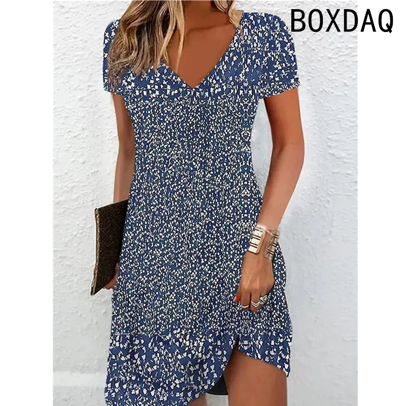 Summer Short Sleeves V-Neck Beach Party Dress 3D Colorful Floral Casual A-Line Dress Big Size 3XL Female Outdoor Dress Sundress