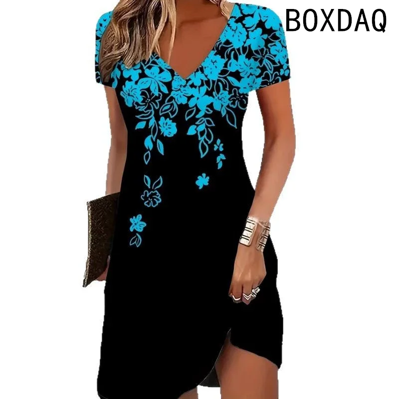 Summer Short Sleeves V-Neck Beach Party Dress 3D Colorful Floral Casual A-Line Dress Big Size 3XL Female Outdoor Dress Sundress