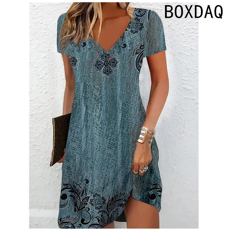 Summer Short Sleeves V-Neck Beach Party Dress 3D Colorful Floral Casual A-Line Dress Big Size 3XL Female Outdoor Dress Sundress