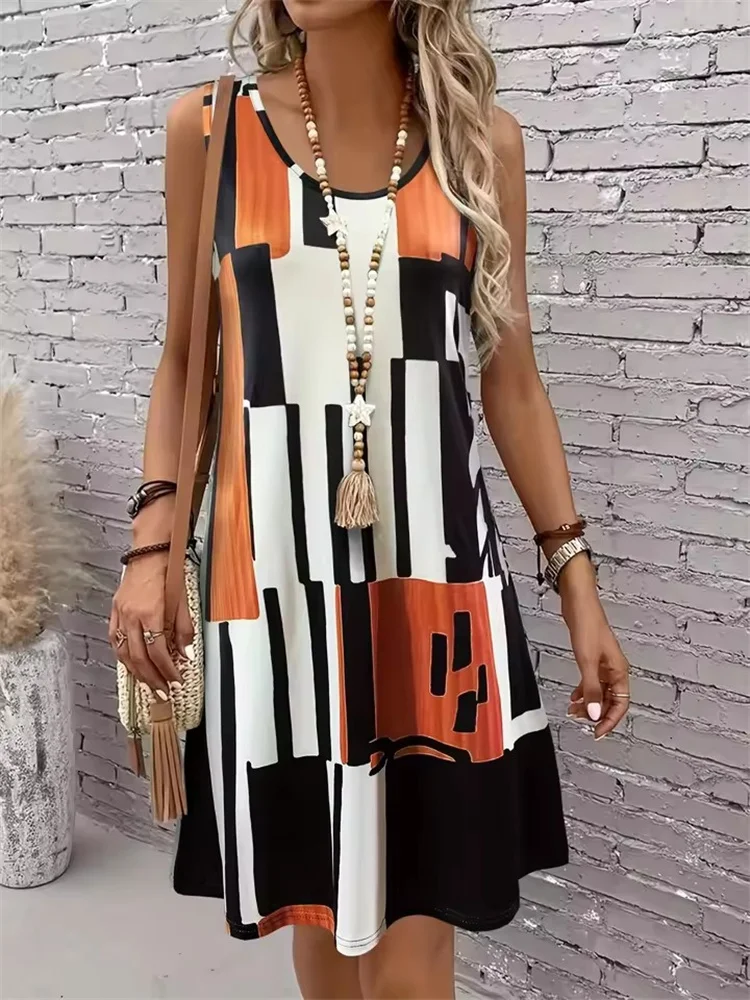2025 New Fashion Women's Dress Casual Beach Round Neck Sleeveless Loose Dress Summer Women's Vest Striped Print Dress Sundress
