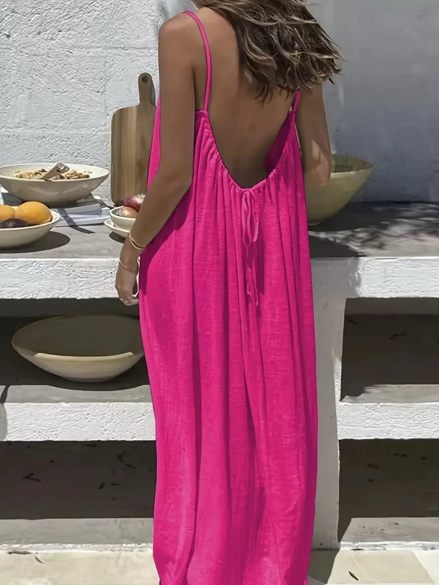Women's Loose Sundress Sexy Backless Lace Up Slip White Linen Homewear Long Maxi Party Dresses OUFY-20260409001