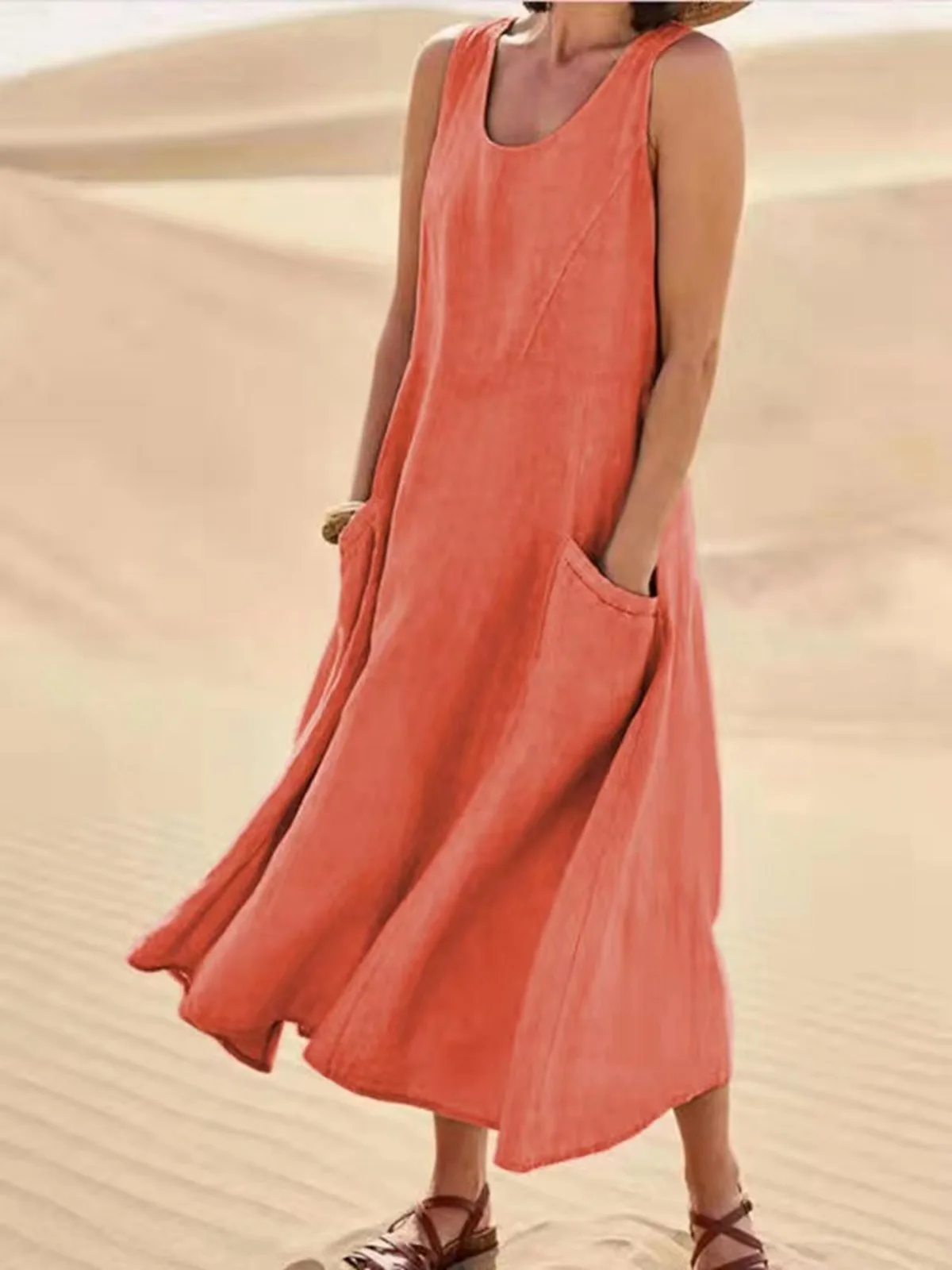 Women Coton Linen Sundress Summer Female Sleeveless Double Big Pocket Loose Sand Beachwear Long Dress Oversized S-5XL LRFZ-818