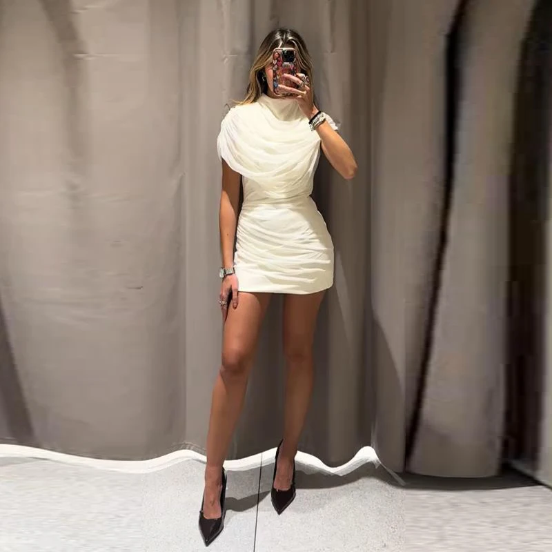 Elegant Mesh Shawl Short Dress Women Pleated Half High Collar Sleeveless Female Dresses 2026 Spring Lady Chic Party Gowns New