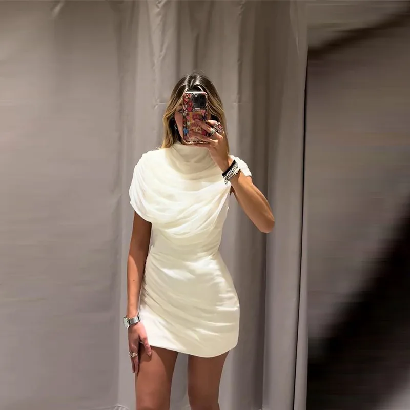 Elegant Mesh Shawl Short Dress Women Pleated Half High Collar Sleeveless Female Dresses 2026 Spring Lady Chic Party Gowns New