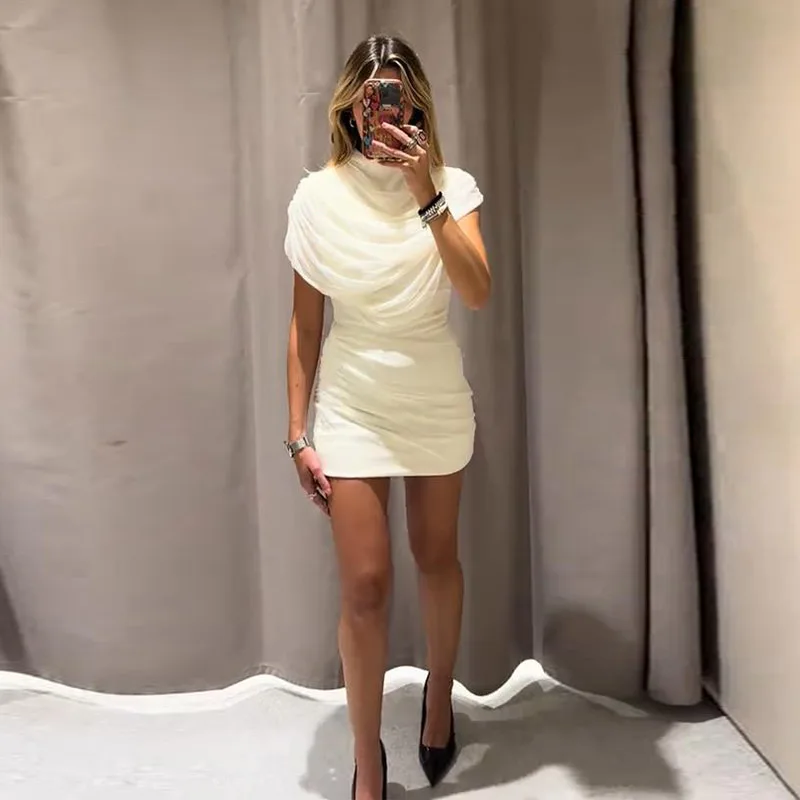 Elegant Mesh Shawl Short Dress Women Pleated Half High Collar Sleeveless Female Dresses 2026 Spring Lady Chic Party Gowns New