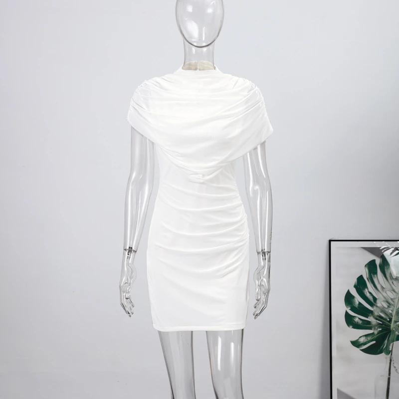 Elegant Mesh Shawl Short Dress Women Pleated Half High Collar Sleeveless Female Dresses 2026 Spring Lady Chic Party Gowns New