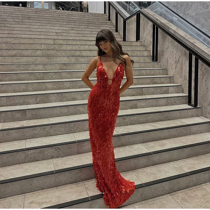 Women Solid Sequin Sling Maxi Dress Fashion V-neck Sleeveless High Waist Backless Dresses New Summer Vacation Party Robes 2025