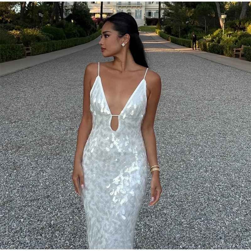 Women Solid Sequin Sling Maxi Dress Fashion V-neck Sleeveless High Waist Backless Dresses New Summer Vacation Party Robes 2025