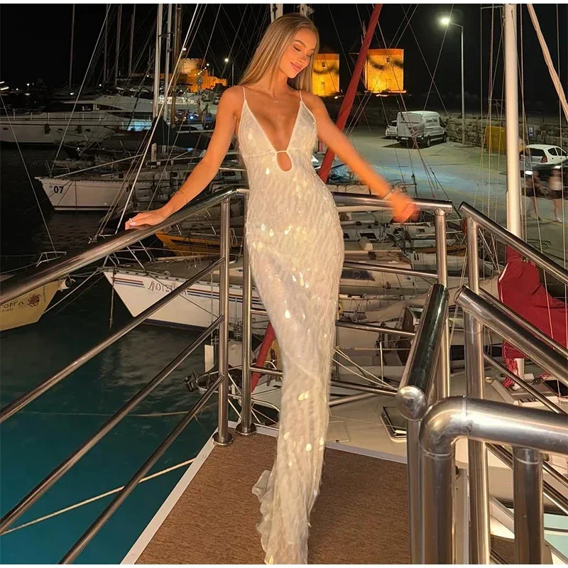 Women Solid Sequin Sling Maxi Dress Fashion V-neck Sleeveless High Waist Backless Dresses New Summer Vacation Party Robes 2025