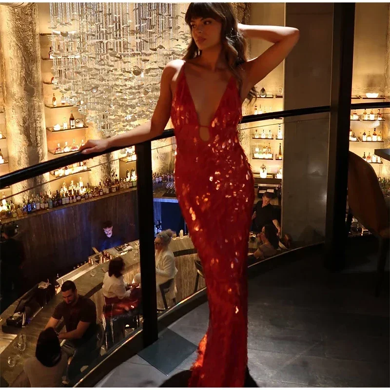 Women Solid Sequin Sling Maxi Dress Fashion V-neck Sleeveless High Waist Backless Dresses New Summer Vacation Party Robes 2025