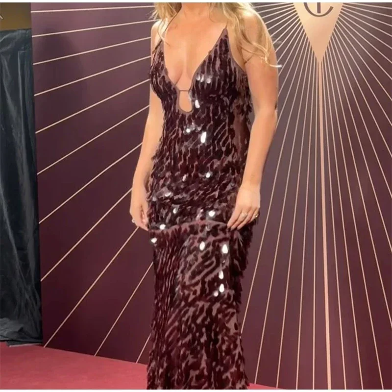 Women Solid Sequin Sling Maxi Dress Fashion V-neck Sleeveless High Waist Backless Dresses New Summer Vacation Party Robes 2025
