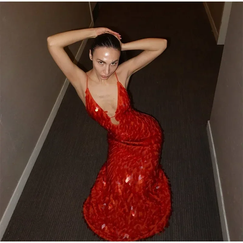 Women Solid Sequin Sling Maxi Dress Fashion V-neck Sleeveless High Waist Backless Dresses New Summer Vacation Party Robes 2025