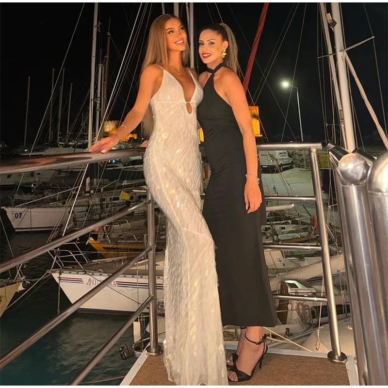 Women Solid Sequin Sling Maxi Dress Fashion V-neck Sleeveless High Waist Backless Dresses New Summer Vacation Party Robes 2025