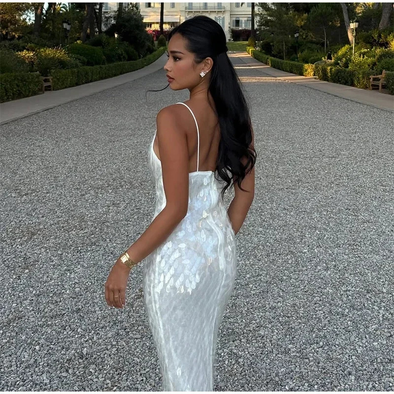 Women Solid Sequin Sling Maxi Dress Fashion V-neck Sleeveless High Waist Backless Dresses New Summer Vacation Party Robes 2025