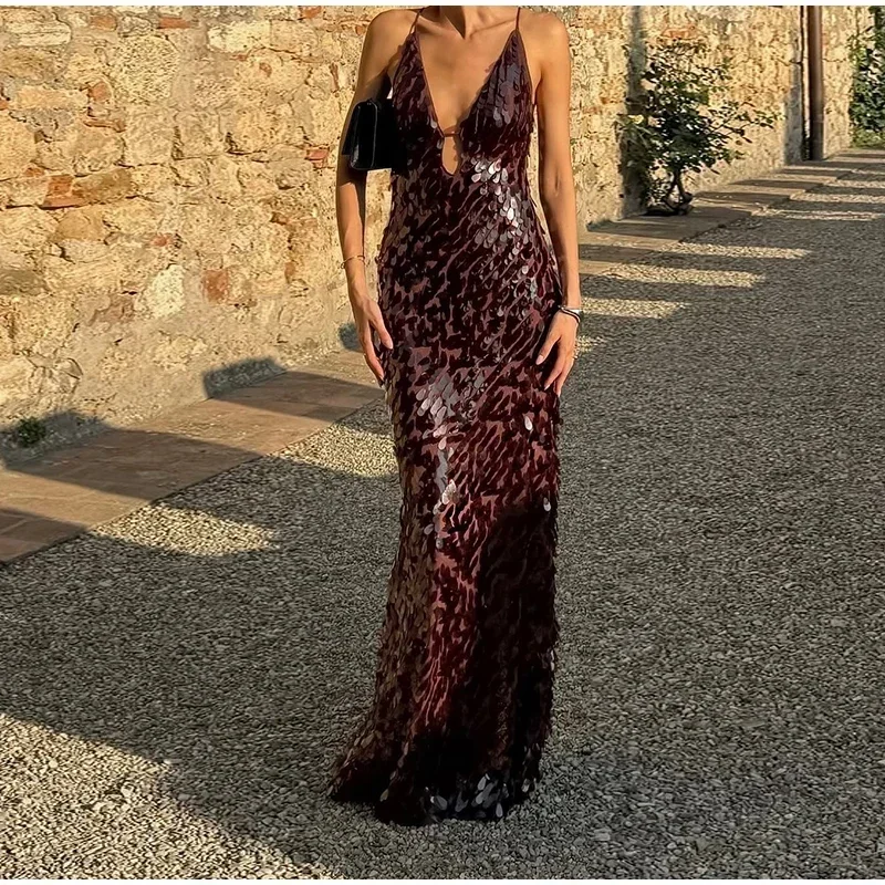 Women Solid Sequin Sling Maxi Dress Fashion V-neck Sleeveless High Waist Backless Dresses New Summer Vacation Party Robes 2025