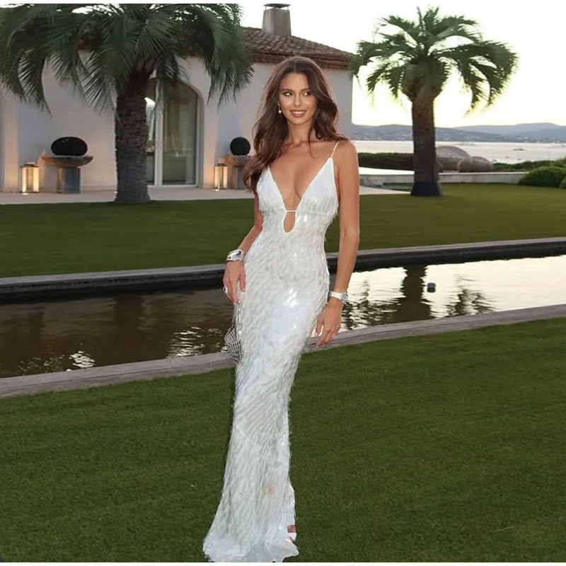 Women Solid Sequin Sling Maxi Dress Fashion V-neck Sleeveless High Waist Backless Dresses New Summer Vacation Party Robes 2025