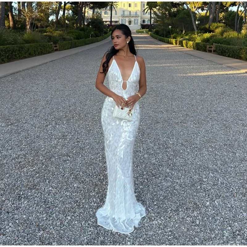 Women Solid Sequin Sling Maxi Dress Fashion V-neck Sleeveless High Waist Backless Dresses New Summer Vacation Party Robes 2025