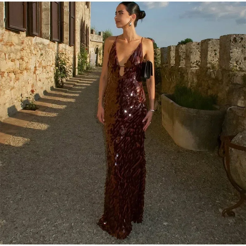 Women Solid Sequin Sling Maxi Dress Fashion V-neck Sleeveless High Waist Backless Dresses New Summer Vacation Party Robes 2025