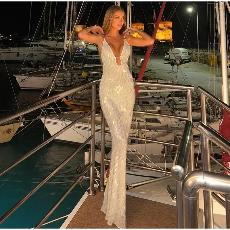 Women Solid Sequin Sling Maxi Dress Fashion V-neck Sleeveless High Waist Backless Dresses New Summer Vacation Party Robes 2025