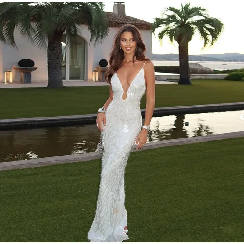 Women Solid Sequin Sling Maxi Dress Fashion V-neck Sleeveless High Waist Backless Dresses New Summer Vacation Party Robes 2025