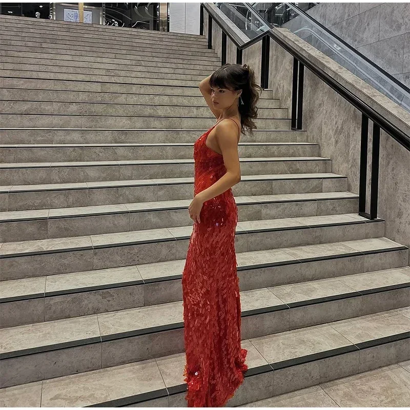 Women Solid Sequin Sling Maxi Dress Fashion V-neck Sleeveless High Waist Backless Dresses New Summer Vacation Party Robes 2025