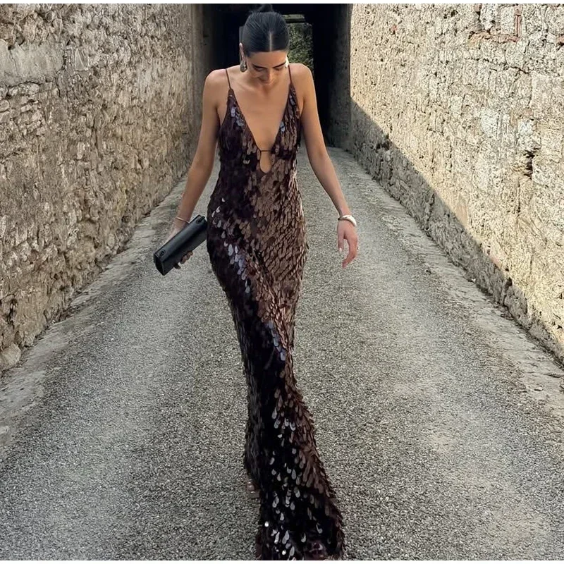 Women Solid Sequin Sling Maxi Dress Fashion V-neck Sleeveless High Waist Backless Dresses New Summer Vacation Party Robes 2025