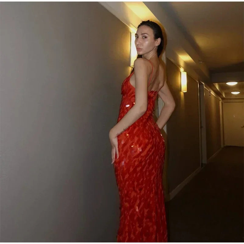 Women Solid Sequin Sling Maxi Dress Fashion V-neck Sleeveless High Waist Backless Dresses New Summer Vacation Party Robes 2025