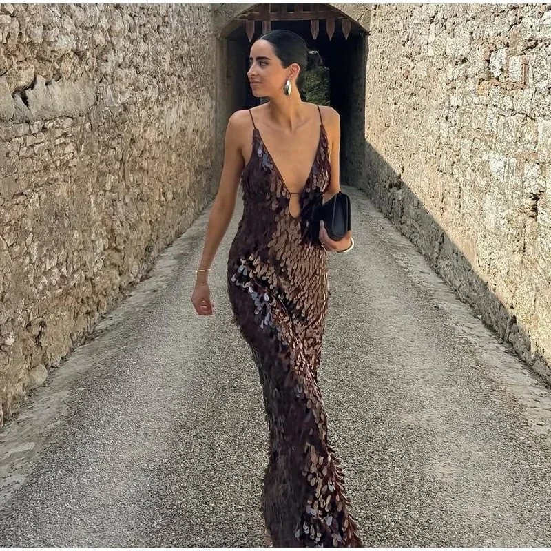 Women Solid Sequin Sling Maxi Dress Fashion V-neck Sleeveless High Waist Backless Dresses New Summer Vacation Party Robes 2025