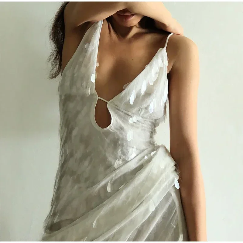 Women Solid Sequin Sling Maxi Dress Fashion V-neck Sleeveless High Waist Backless Dresses New Summer Vacation Party Robes 2025