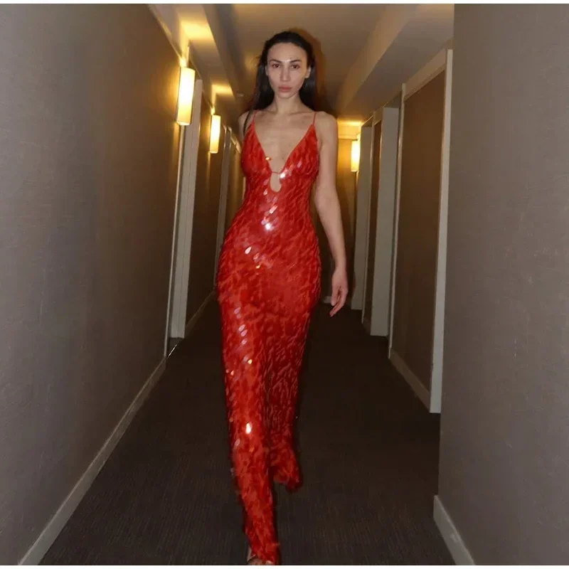Women Solid Sequin Sling Maxi Dress Fashion V-neck Sleeveless High Waist Backless Dresses New Summer Vacation Party Robes 2025