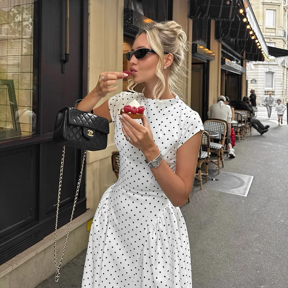 Elegant Polka Dot Long Dress Women's High Waist A-line Maxi Dresses Evening Party Summer Holiday Resort Blue Black Green White