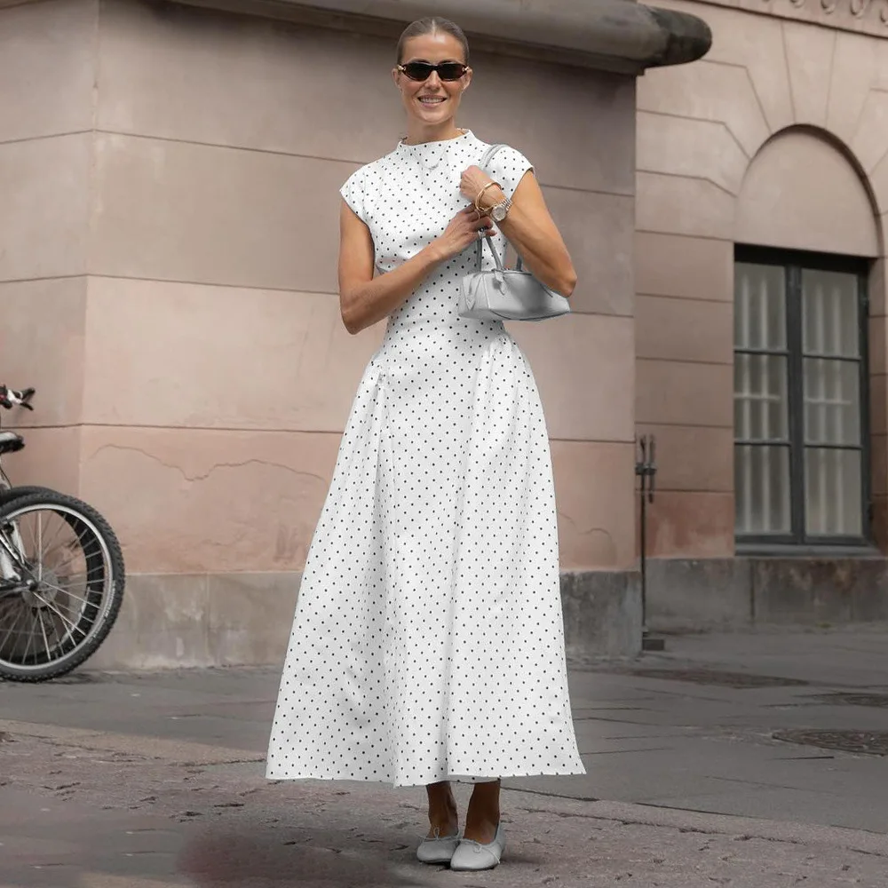 Elegant Polka Dot Long Dress Women's High Waist A-line Maxi Dresses Evening Party Summer Holiday Resort Blue Black Green White
