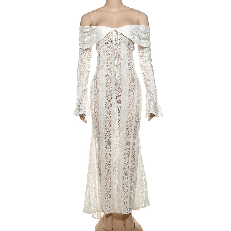 White Lace Hollow-out Halter Dress Women Sexy Sleeveless Off-shoulder Backless Maxi Vestidos 2026 Lady Vacation Beach Gowns 2026
