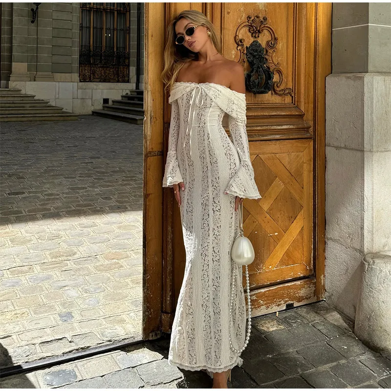 White Lace Hollow-out Halter Dress Women Sexy Sleeveless Off-shoulder Backless Maxi Vestidos 2026 Lady Vacation Beach Gowns 2026