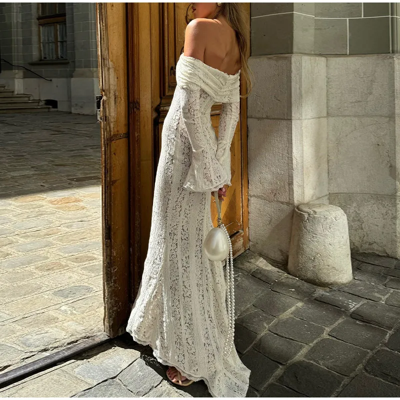White Lace Hollow-out Halter Dress Women Sexy Sleeveless Off-shoulder Backless Maxi Vestidos 2026 Lady Vacation Beach Gowns 2026
