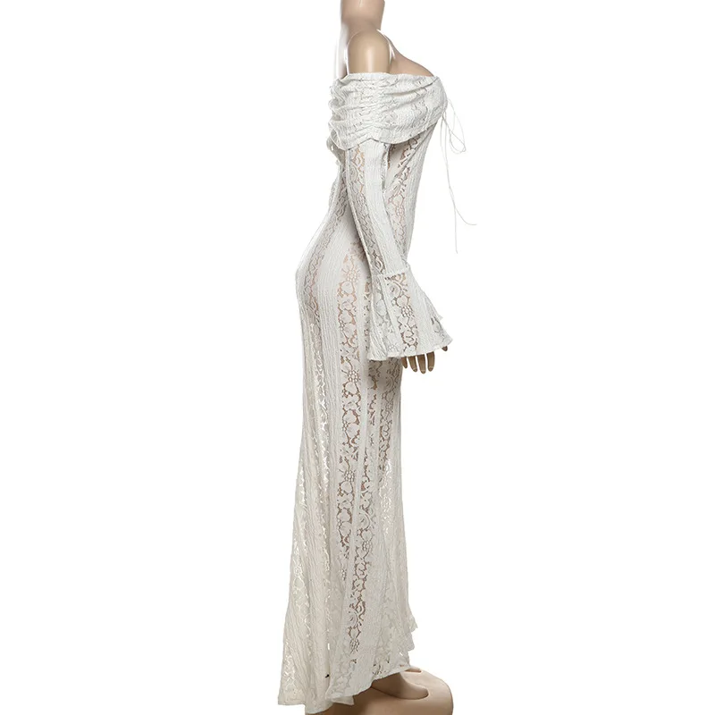 White Lace Hollow-out Halter Dress Women Sexy Sleeveless Off-shoulder Backless Maxi Vestidos 2026 Lady Vacation Beach Gowns 2026