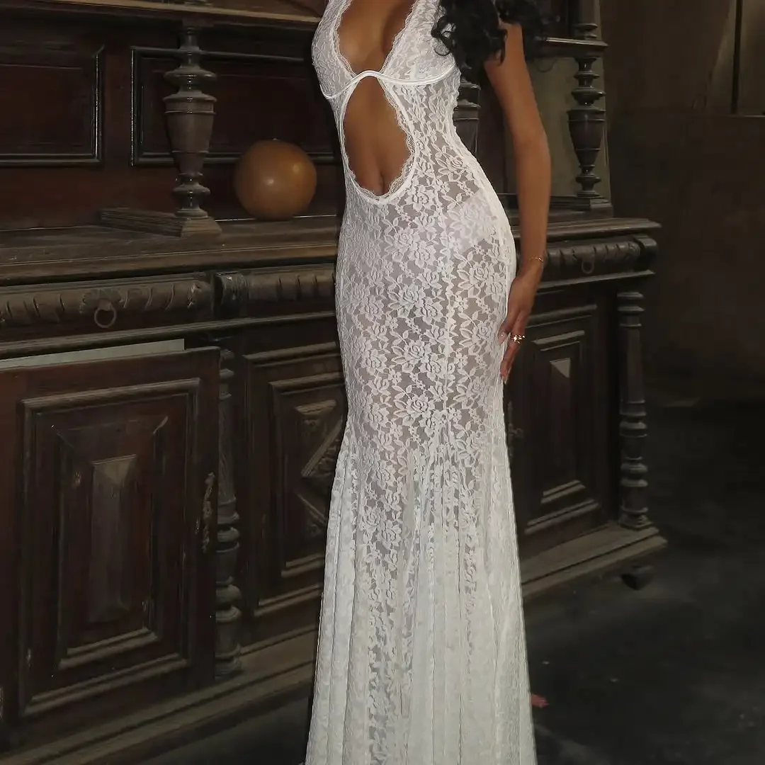 White Lace Hollow-out Halter Dress Women Sexy Sleeveless Off-shoulder Backless Maxi Vestidos 2026 Lady Vacation Beach Gowns 2026
